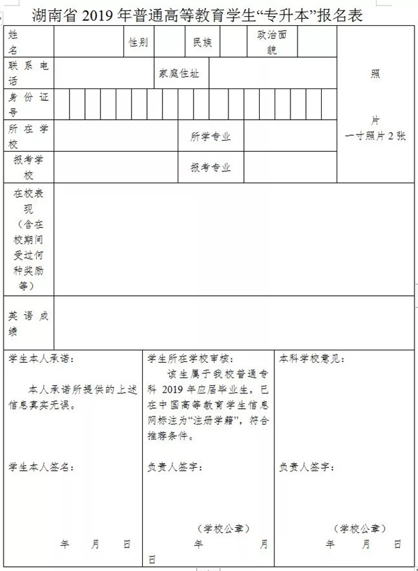 湖南工学院专升本报名表