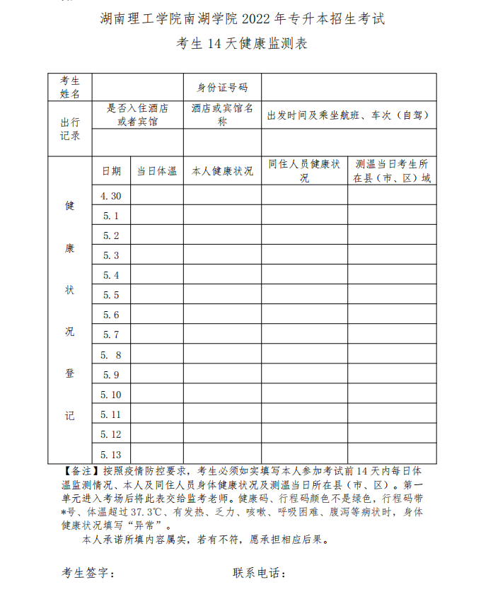 湖南理工学院南湖学院 2022 年专升本招生考试考生 14 天健康监测表