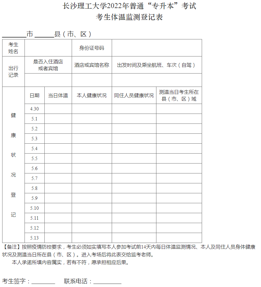 长沙理工大学2022年普通“专升本”考试考生体温监测登记表