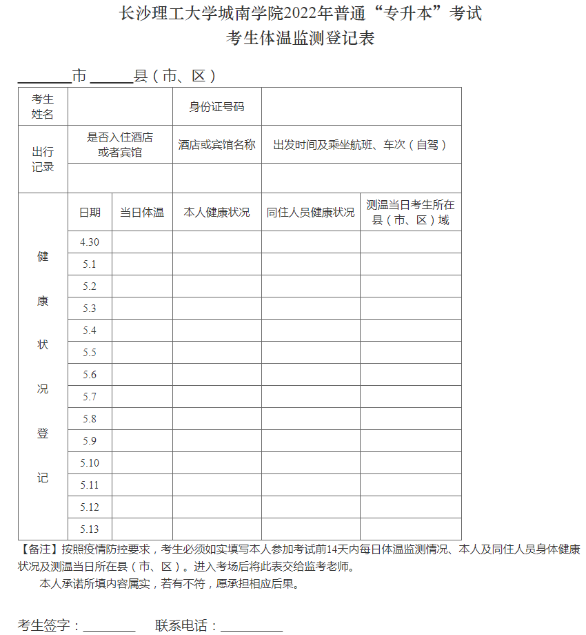 长沙理工大学城南学院2022年普通“专升本”考试考生体温监测登记表