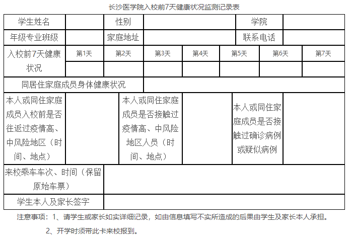 长沙医学院入校前7天健康状况监测记录表